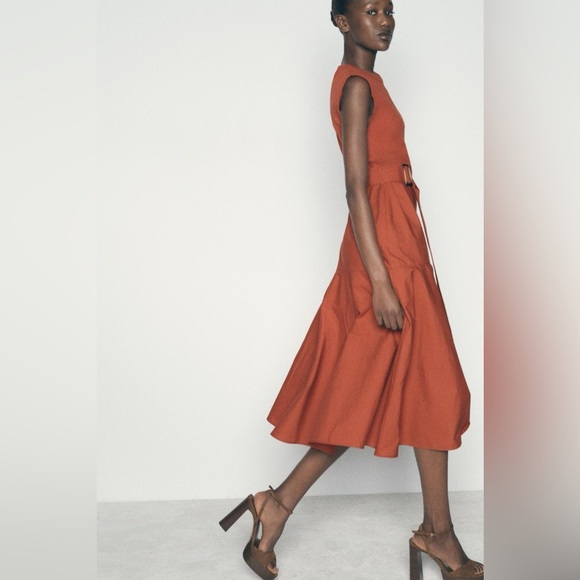 ZARA | A-line contrast rust colored belted midi dress - Picture 4 of 16